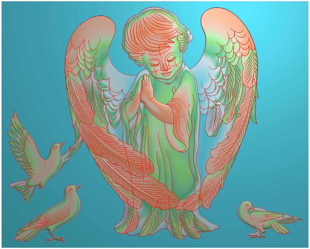 天使5 759-609-25_欧式天使人物壁画带翅膀天使壁挂背景墙精雕图浮雕图